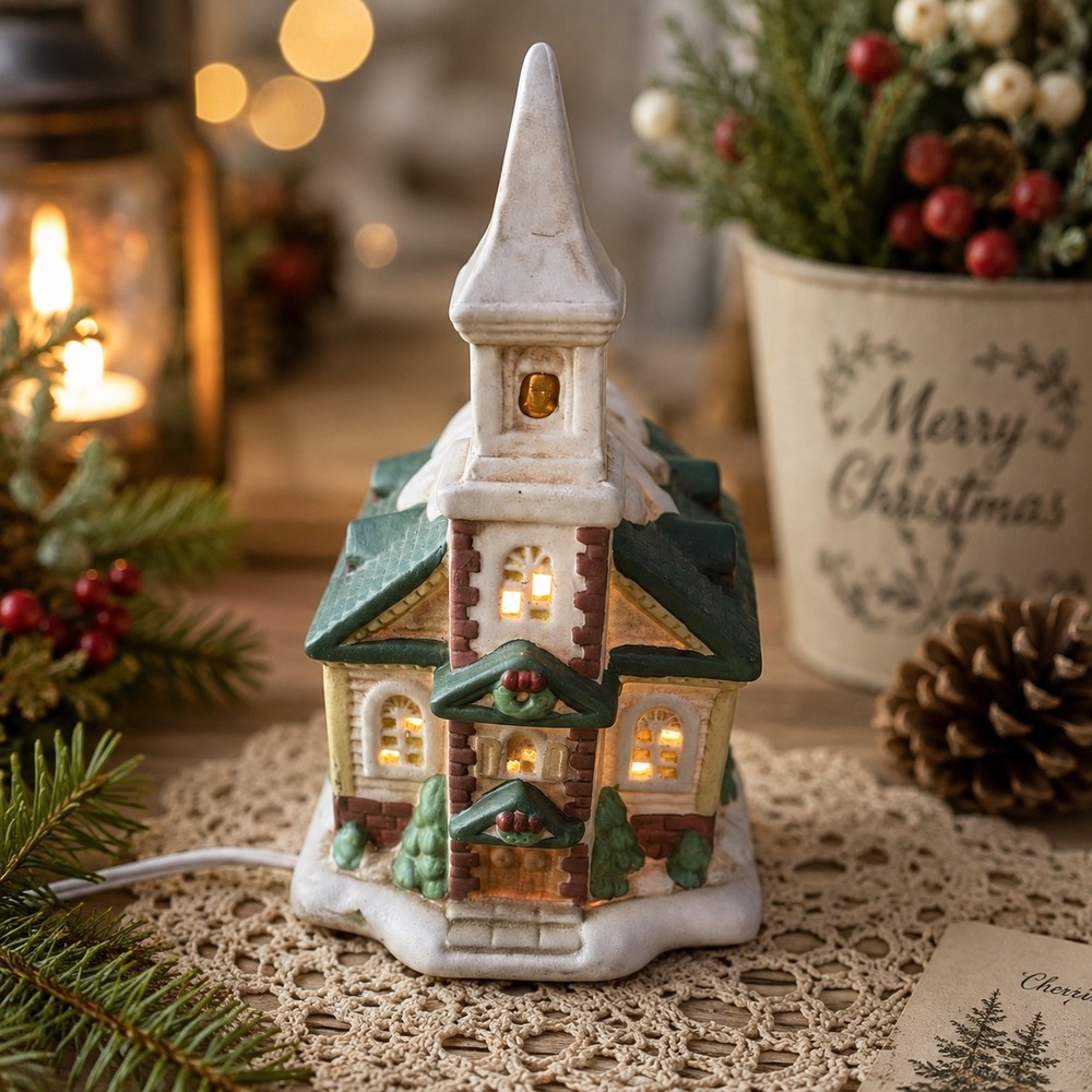 Vintage 1993 DHC Porcelain Church Nightlight Christmas Village Dayton Hudson